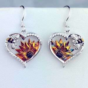 Valentines sterling silver bee sunflower heart earrings patina diamond rhine run